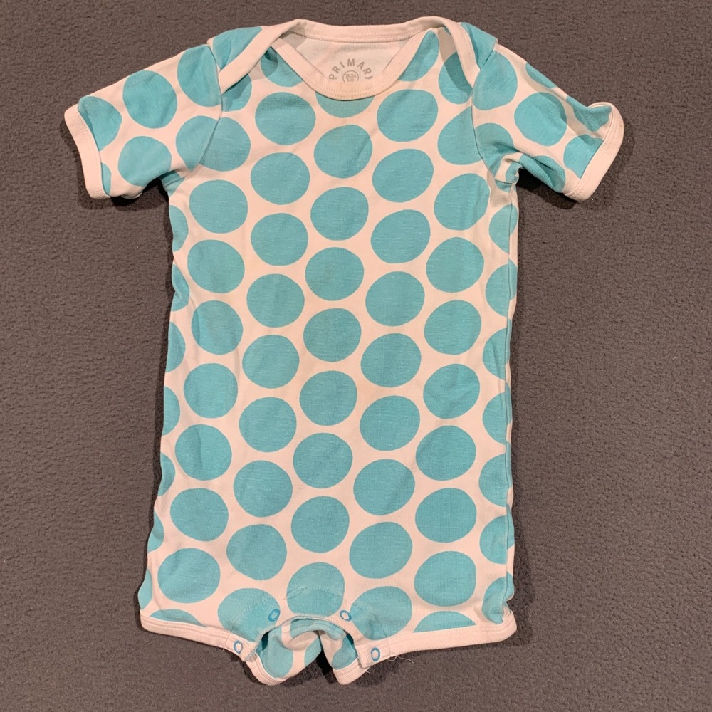 Primary Polka Dot Romper Kids 18-24M Teal Blue Organic Cotton Short Sleeve *READ